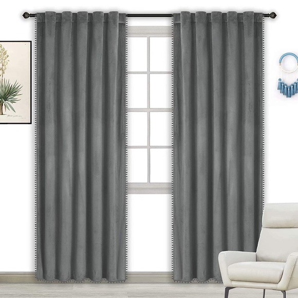 Zhaofeng 42”x95” Pom Pom Velvet Curtains in gray - Picture 3 of 16